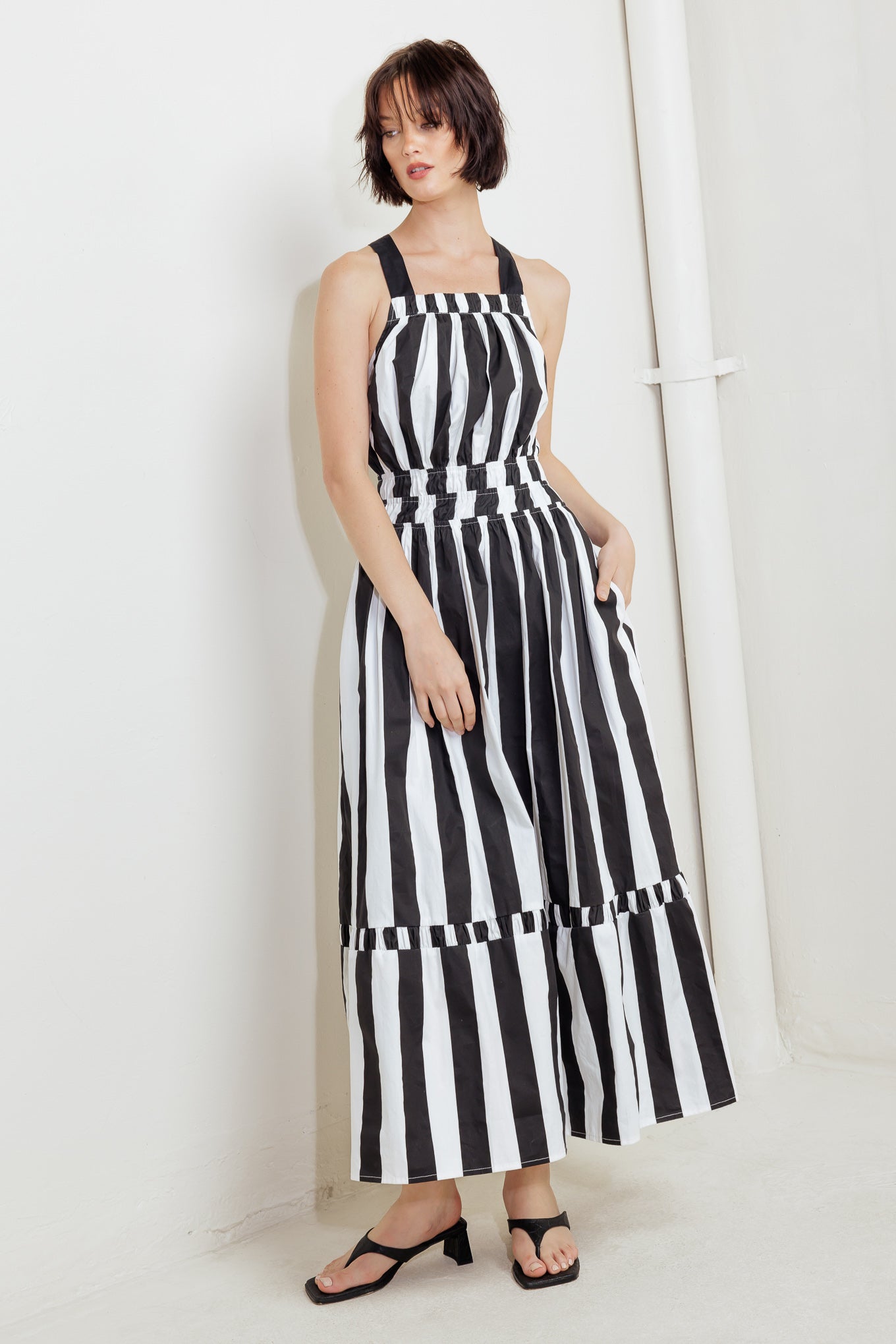 LUXE LINEAR STRIPED WOVEN MIDI DRESS Flying Tomato